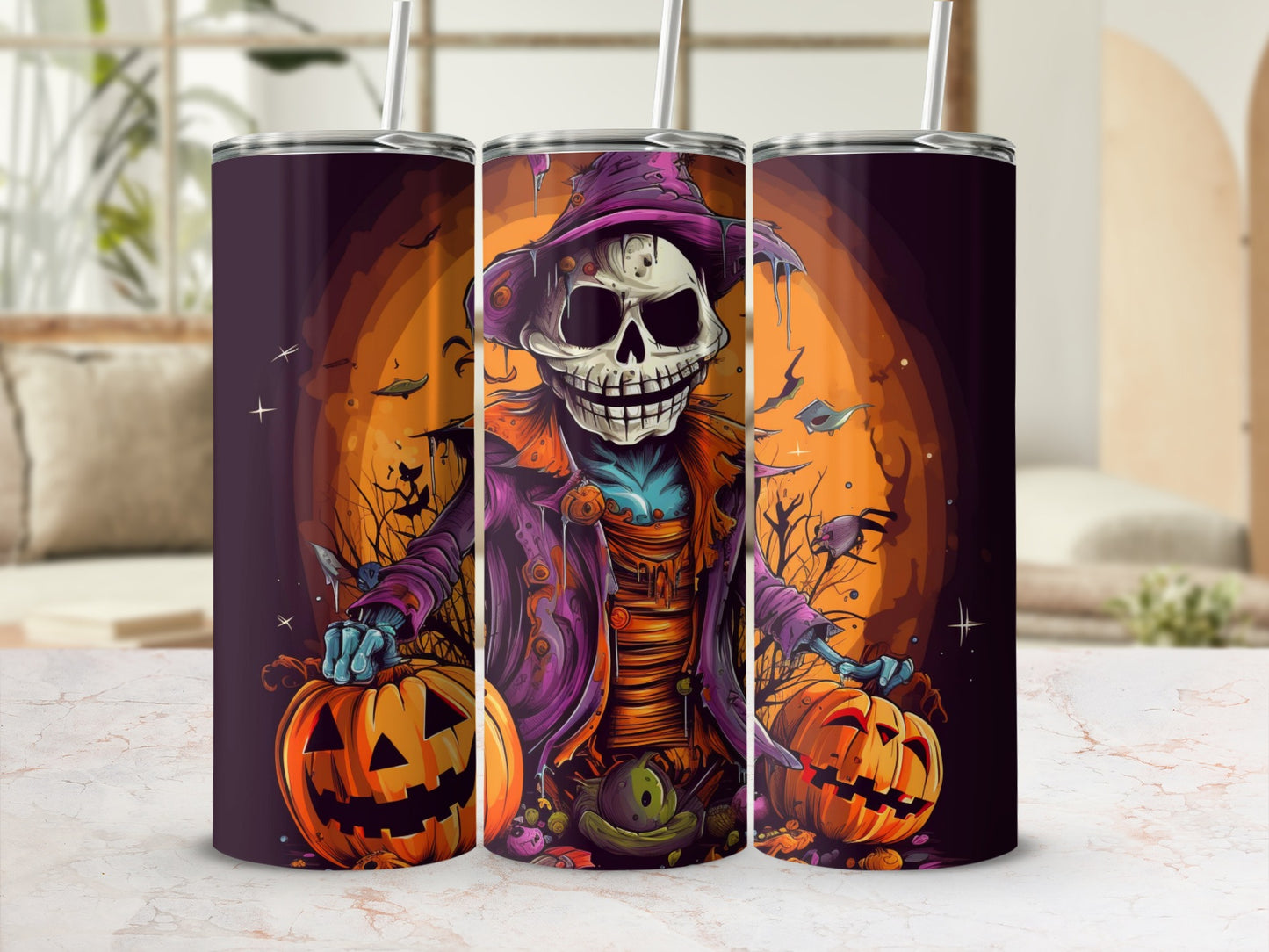 Tumblers featuring a skeleton wearing a witch hat and jacket with pumpkins and bats.