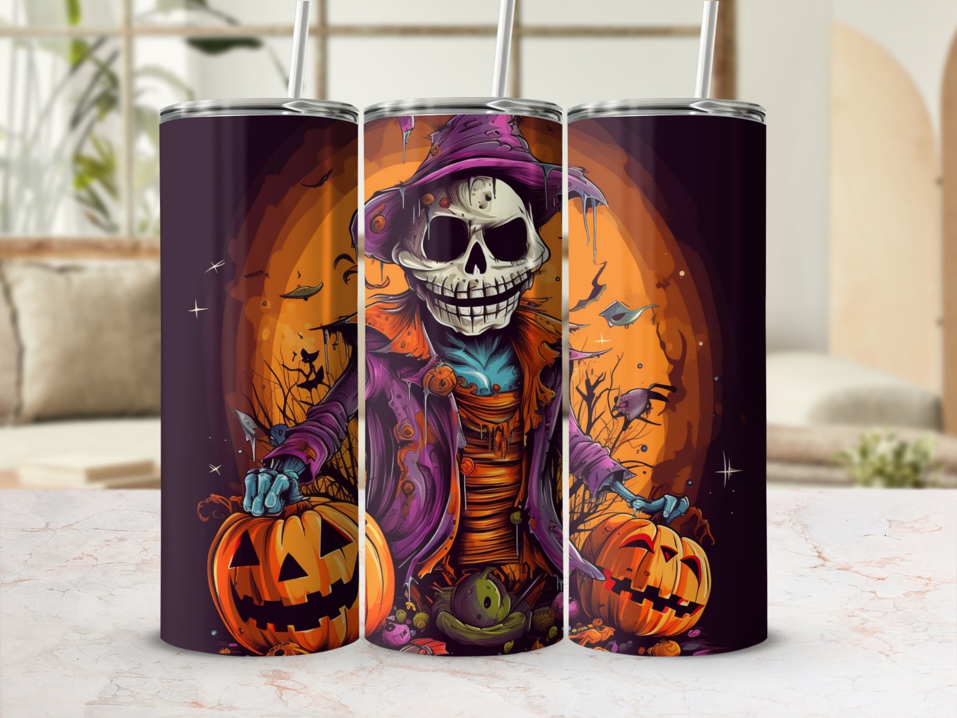 Tumblers featuring a skeleton wearing a witch hat and jacket with pumpkins and bats.