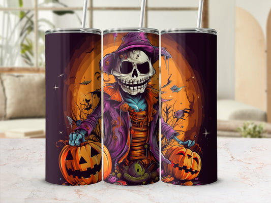Tumblers featuring a skeleton wearing a witch hat and jacket with pumpkins and bats.