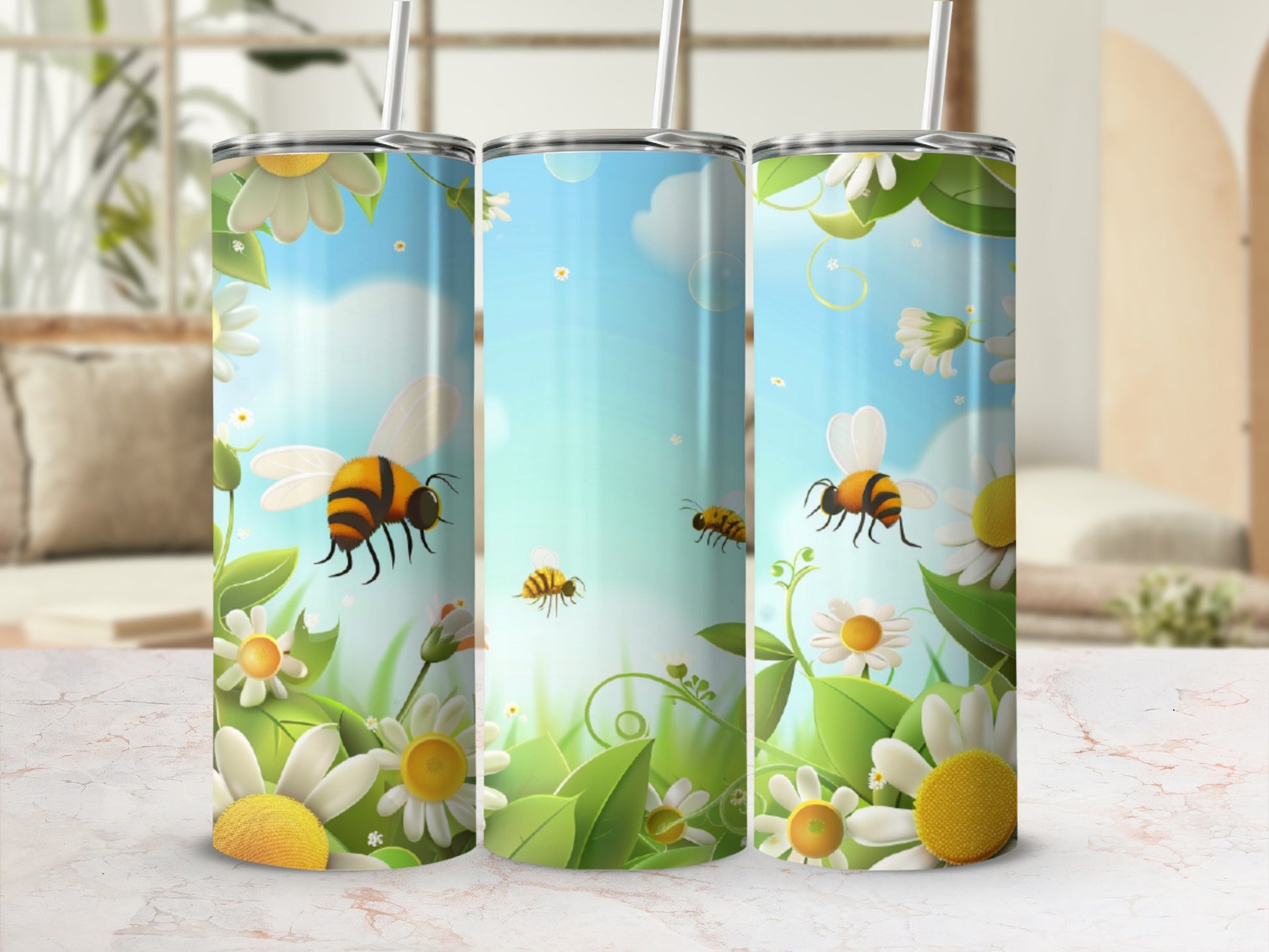 Three tumblers with bees and daisies against a sunny sky background.