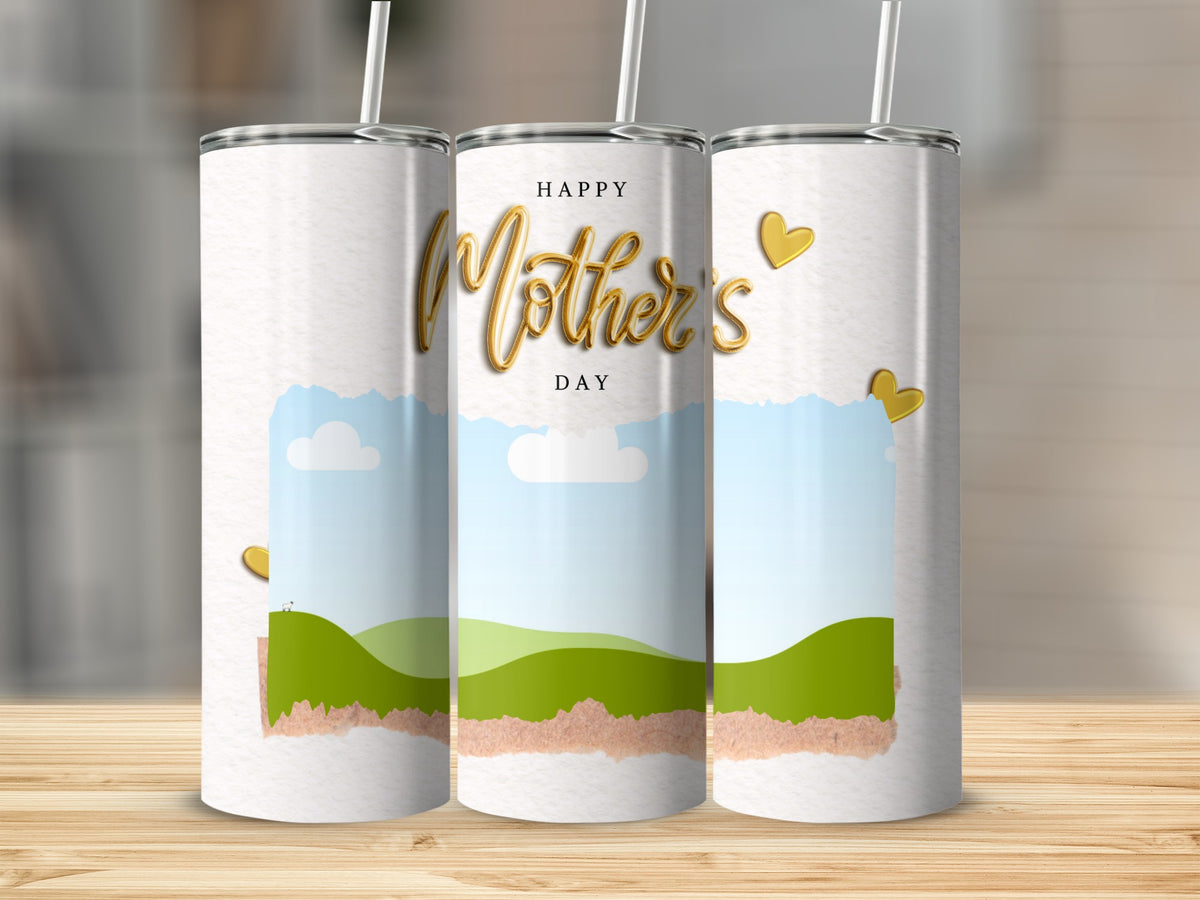 Three tumblers with "Happy Mother's Day" text and gold hearts on a scenic background.
