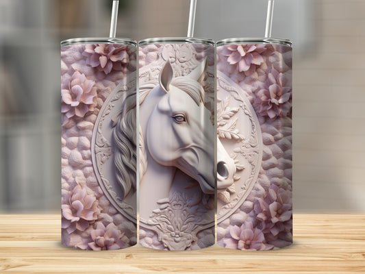 Three tumblers featuring a horse head relief surrounded by embossed flowers.