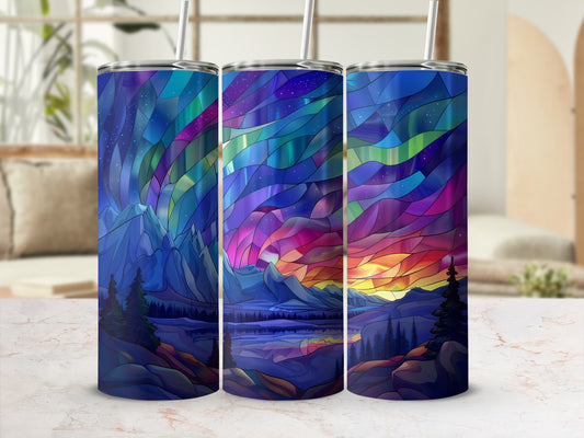 Triptych of tumblers with aurora borealis stained glass mountain landscape design.