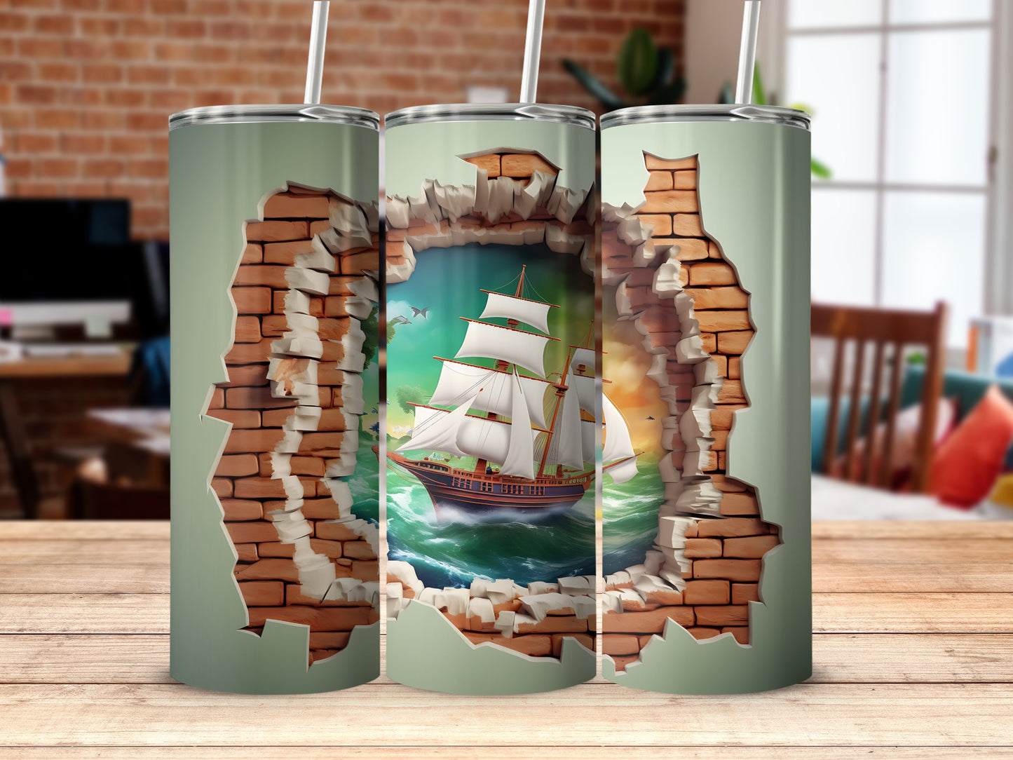 3D Brick Wall Sailing Ship Tumbler for Enthusiasts
