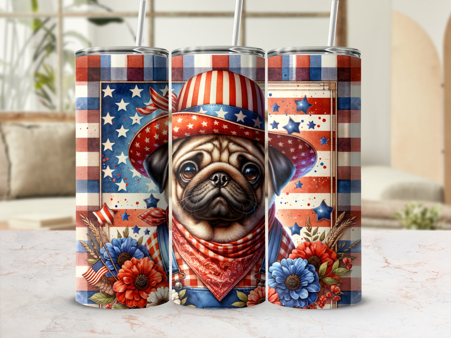 Pug wearing patriotic hat and bandana with Americana floral accents.