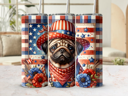 Pug wearing patriotic hat and bandana with Americana floral accents.