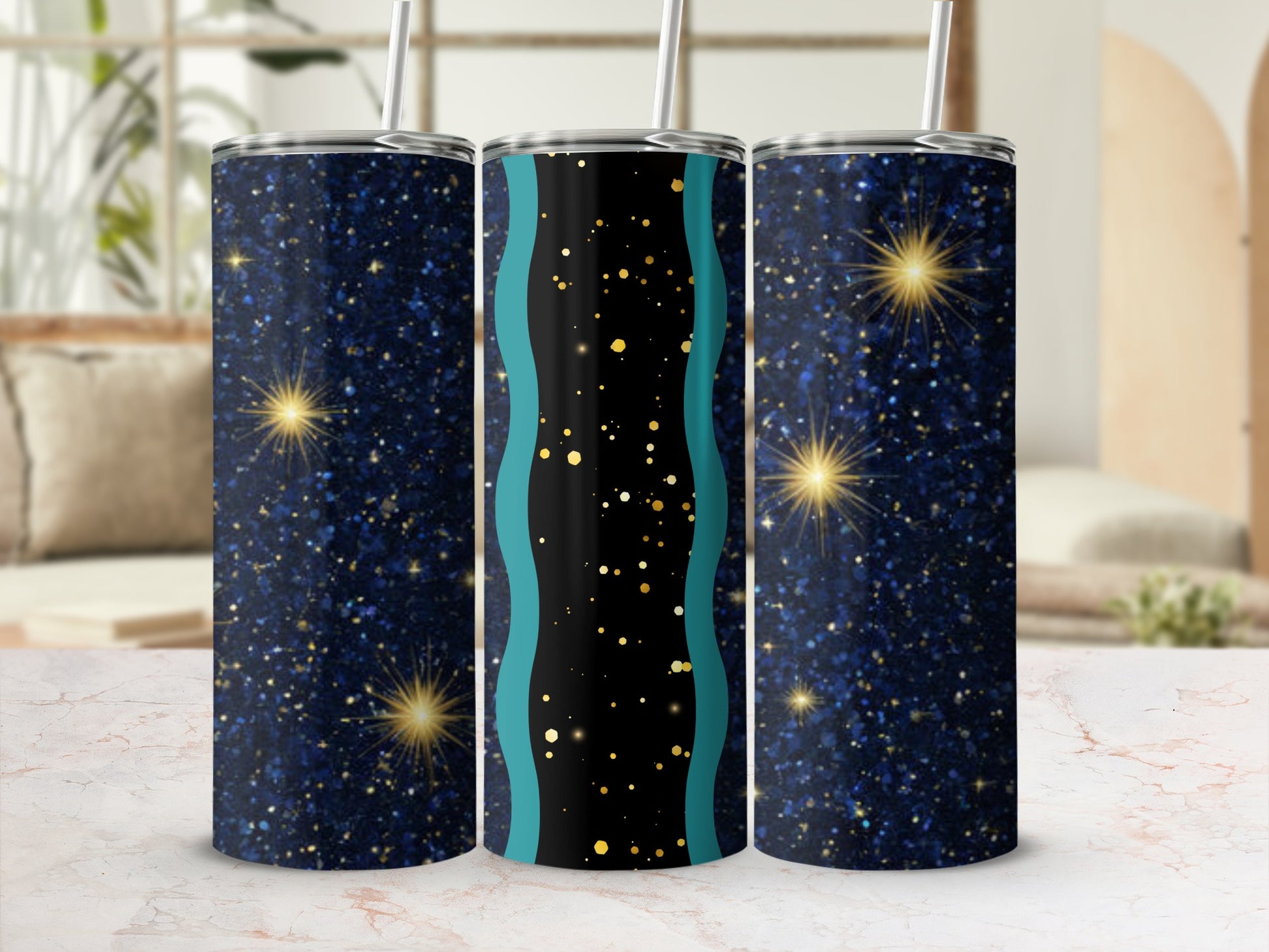 Dark blue tumbler with gold stars and teal accents.