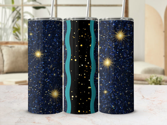 Dark blue tumbler with gold stars and teal accents.
