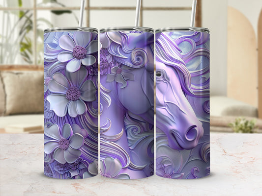 Purple horse and floral design on a stainless steel tumbler.