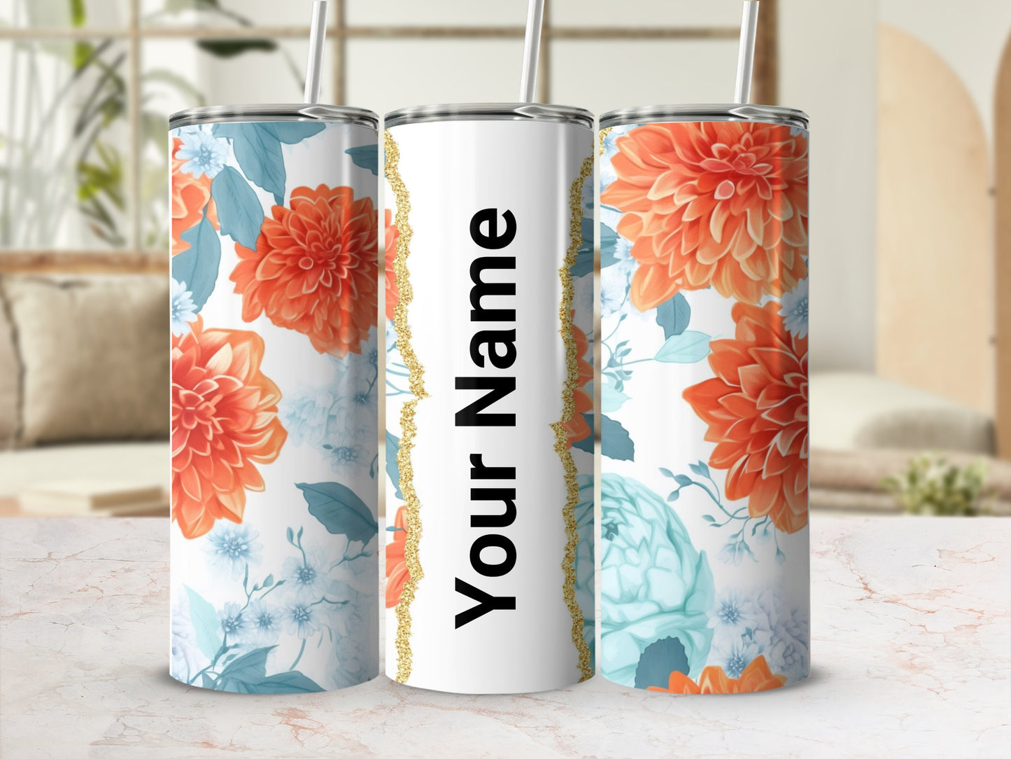 Personalized Floral Design Tumbler with Straw