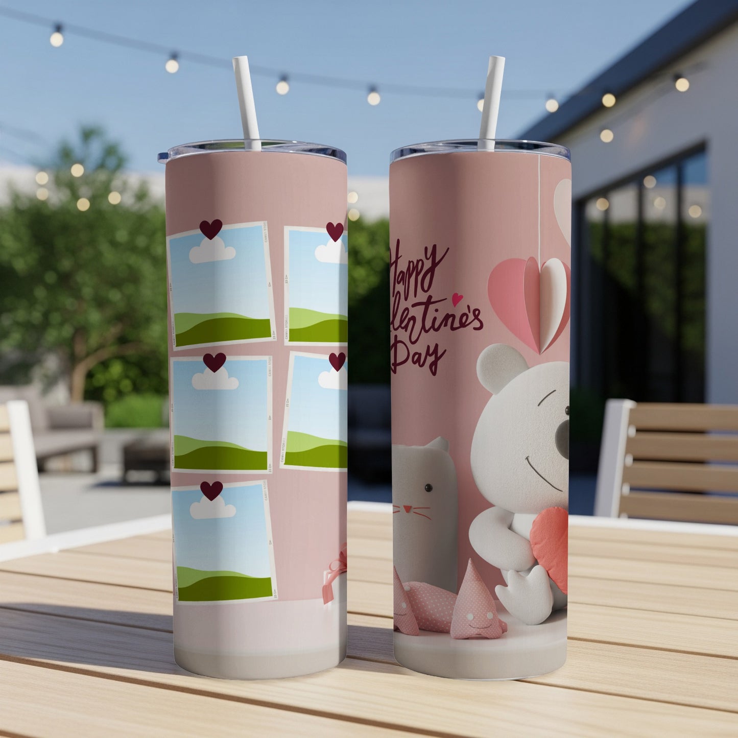 Pink tumbler with Valentine's Day graphics of a teddy bear, hearts, and photo frames.