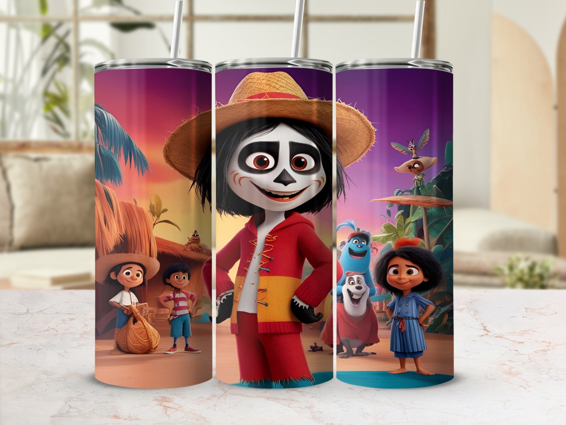 Three cartoon characters, one in a straw hat and red jacket, stand on a light surface.
