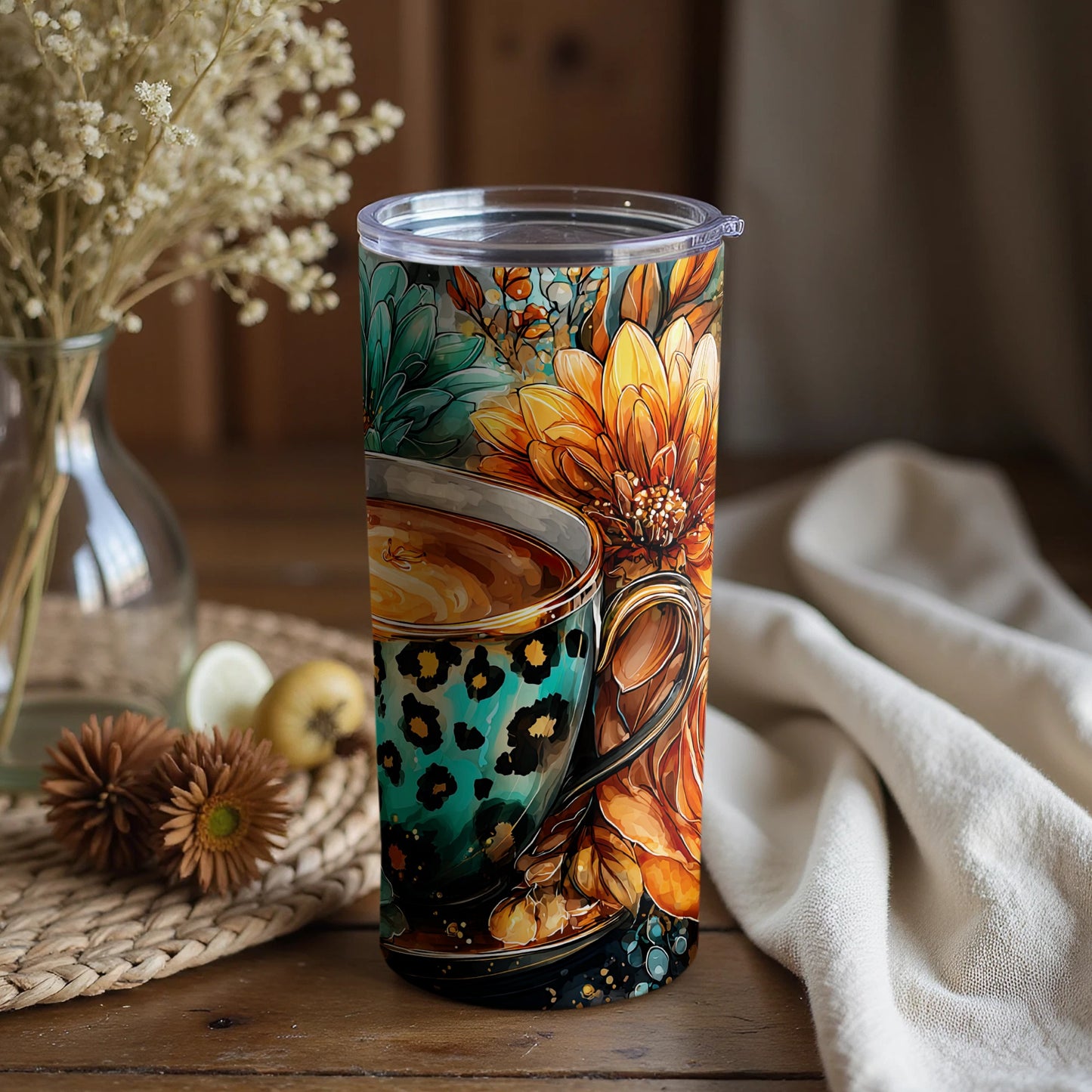 Floral Leopard Tumbler with Artistic Coffee Mug Design
