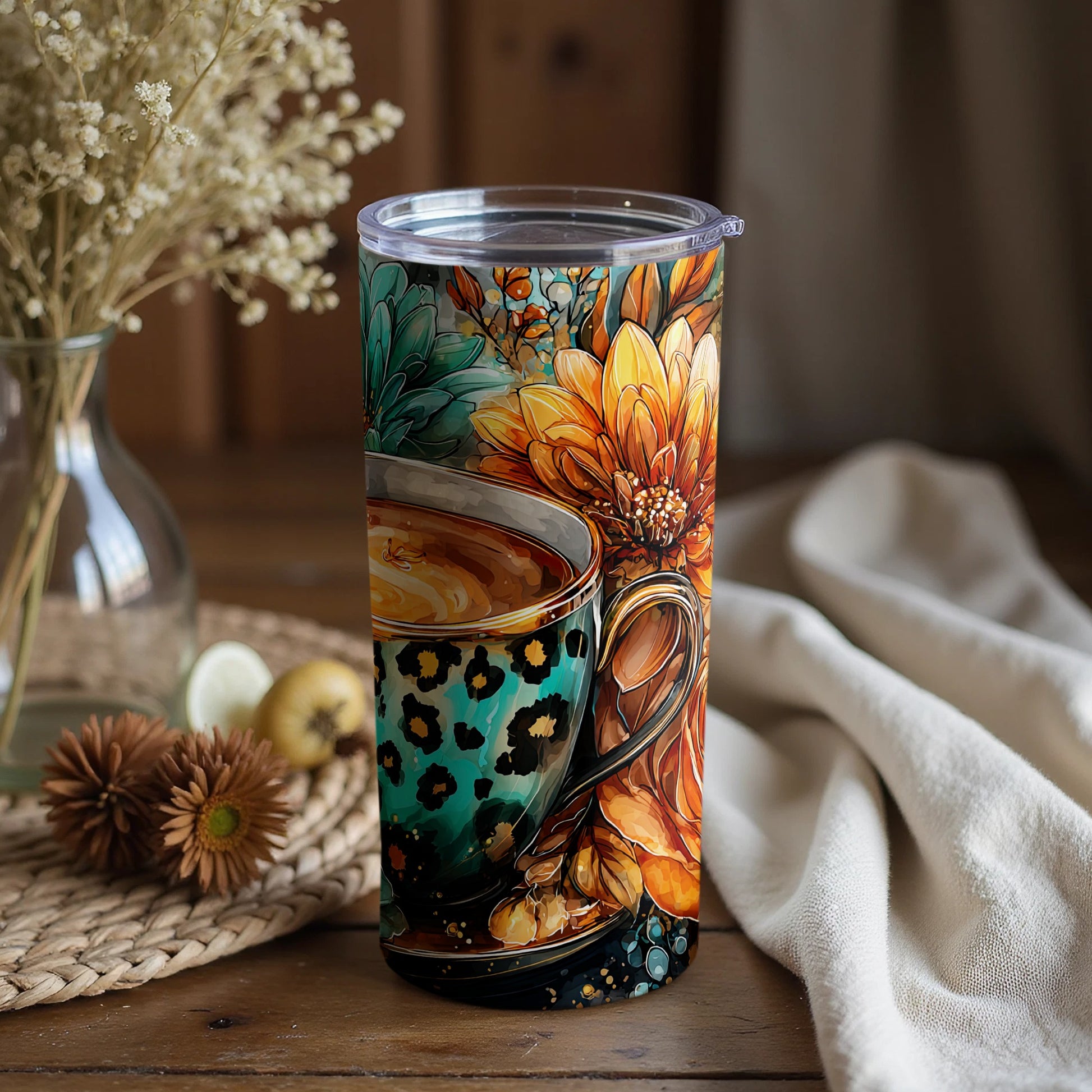 Floral Leopard Tumbler with Artistic Coffee Mug Design