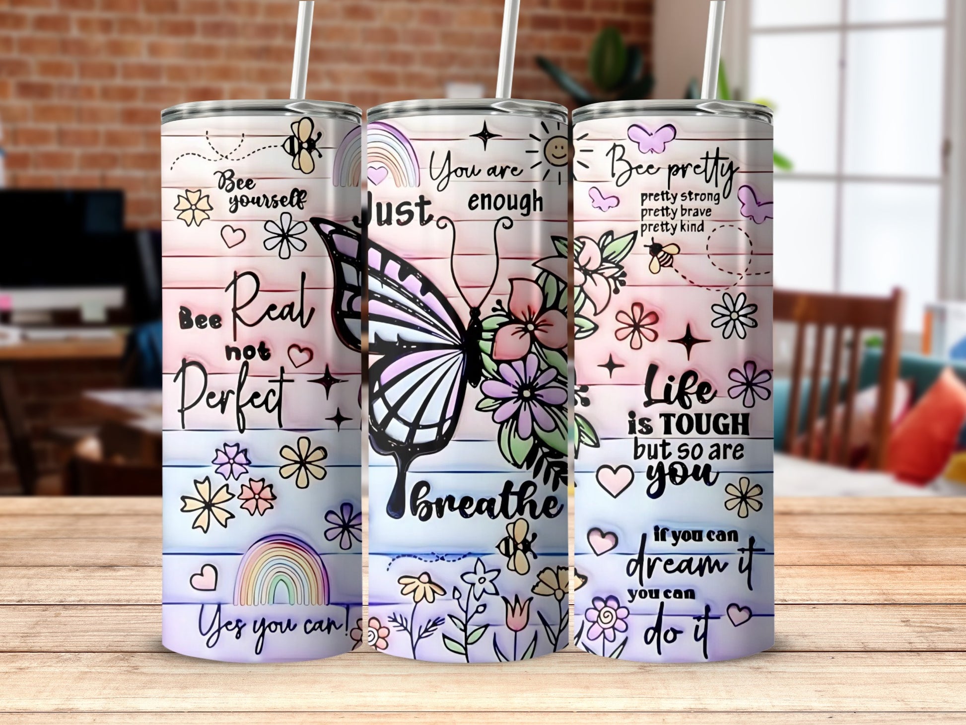 Motivational Floral Butterfly Design Tumbler Drinkware