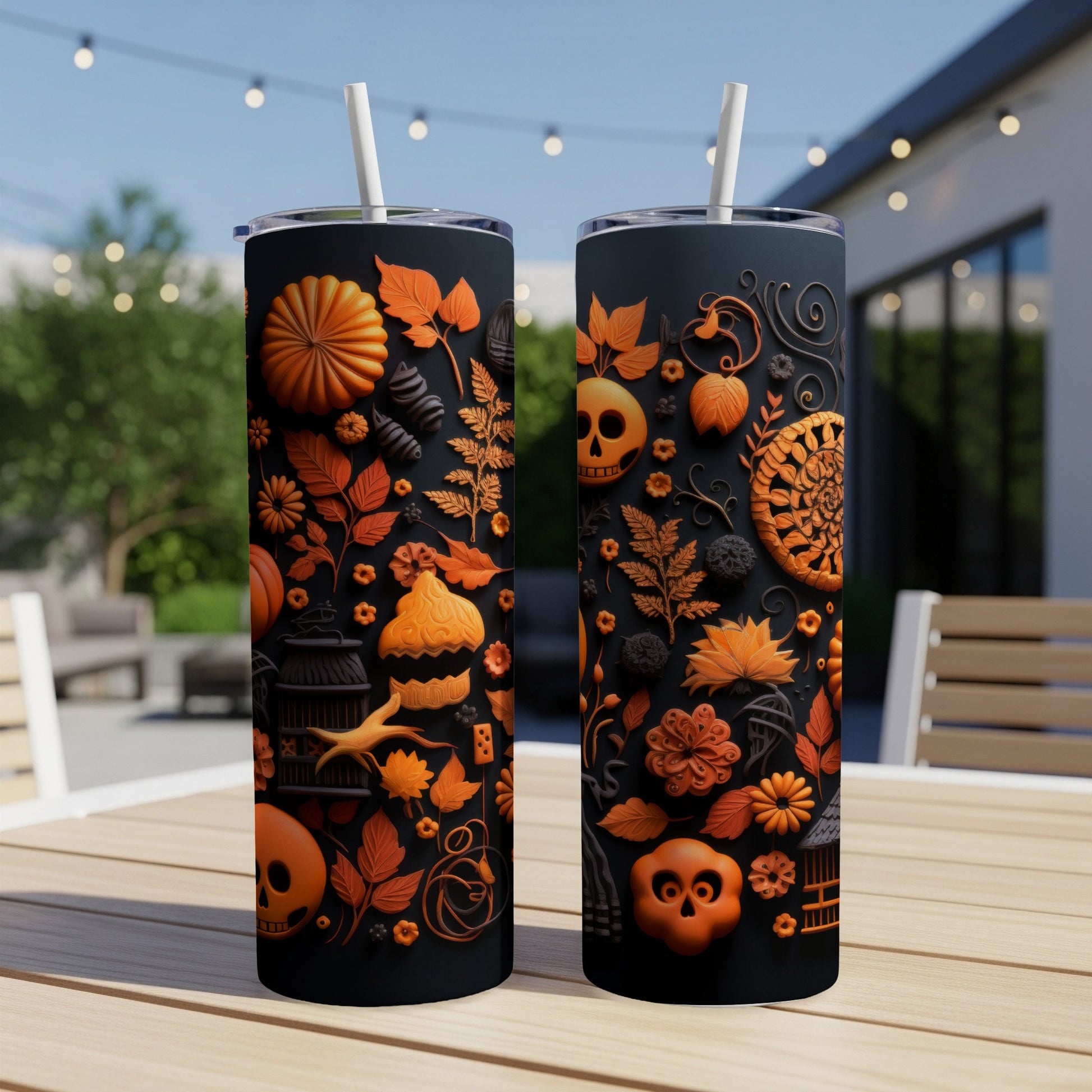 Two tumblers with orange and black Halloween-themed patterns on a wooden table.