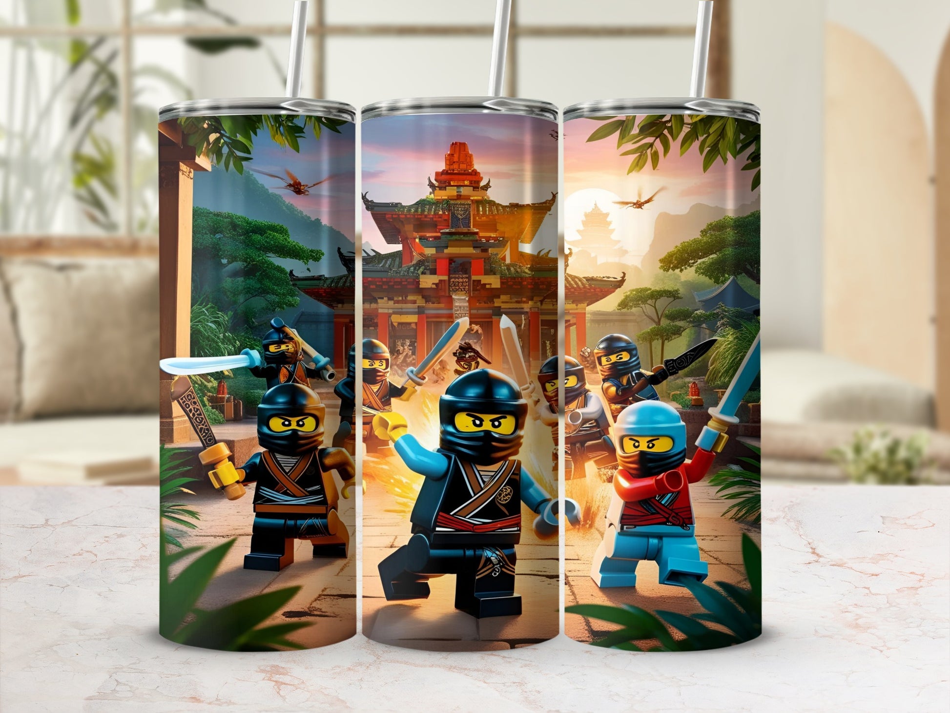 Lego Ninjago characters in action poses with traditional Japanese architecture in background.