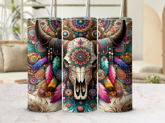 Boho skull design on three tumblers with colorful feathers and mandalas.