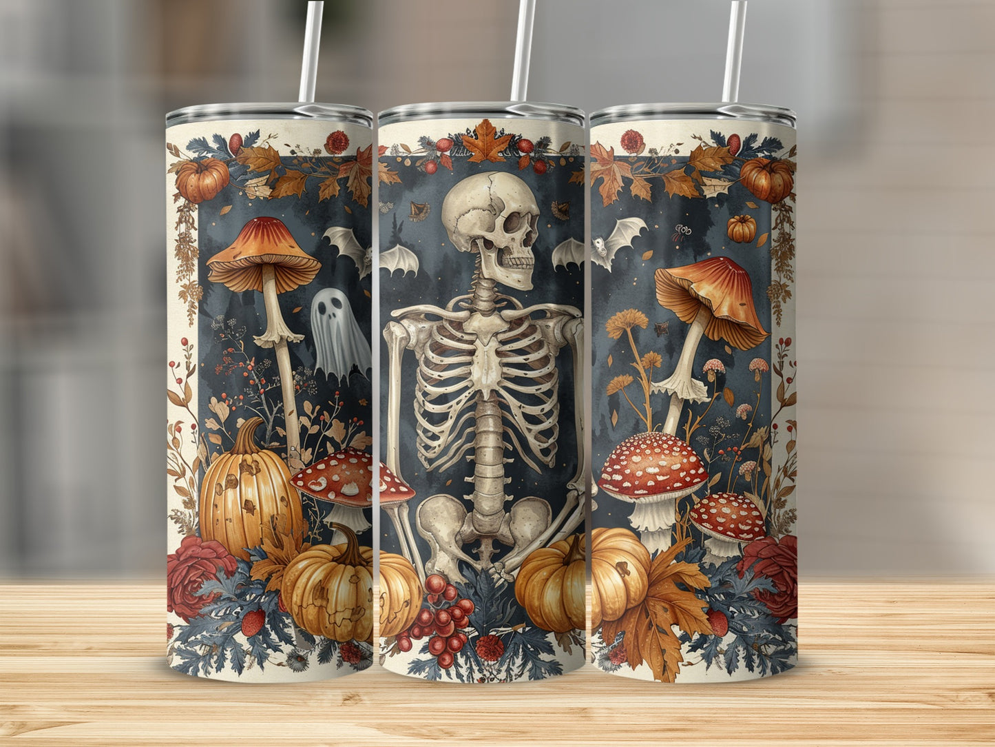 Skeleton with pumpkins, mushrooms, ghosts, bats, and autumn leaves on tumblers.
