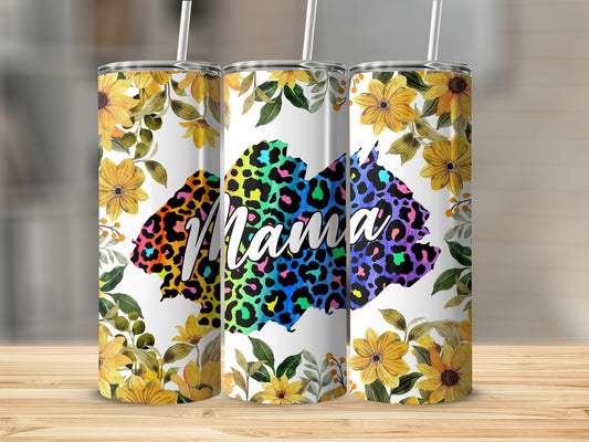 Vibrant Floral Mama Tumbler with Colorful Leopard Print Design