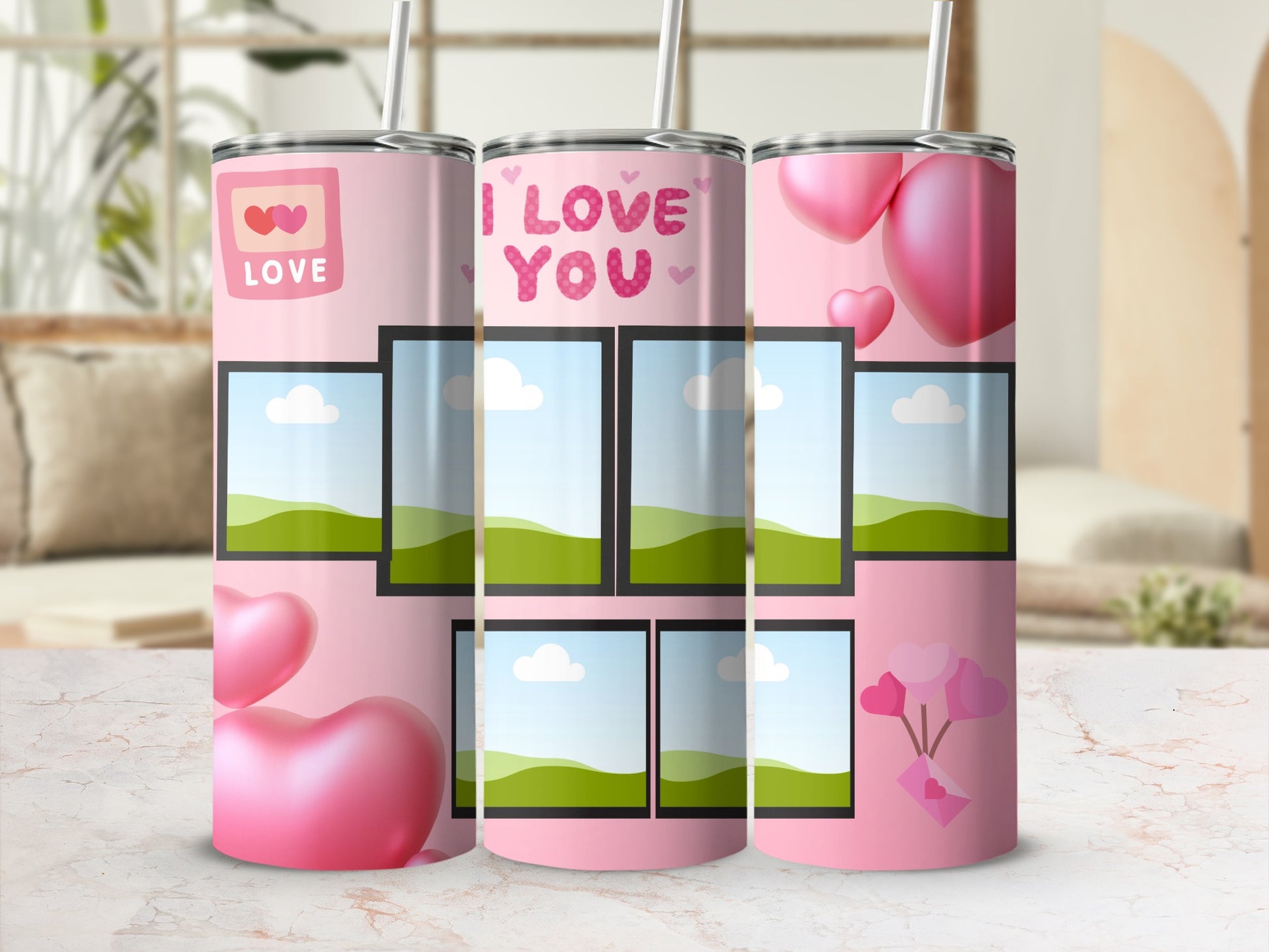 Pink tumblers with hearts and "I LOVE YOU" text, featuring photo placeholders.