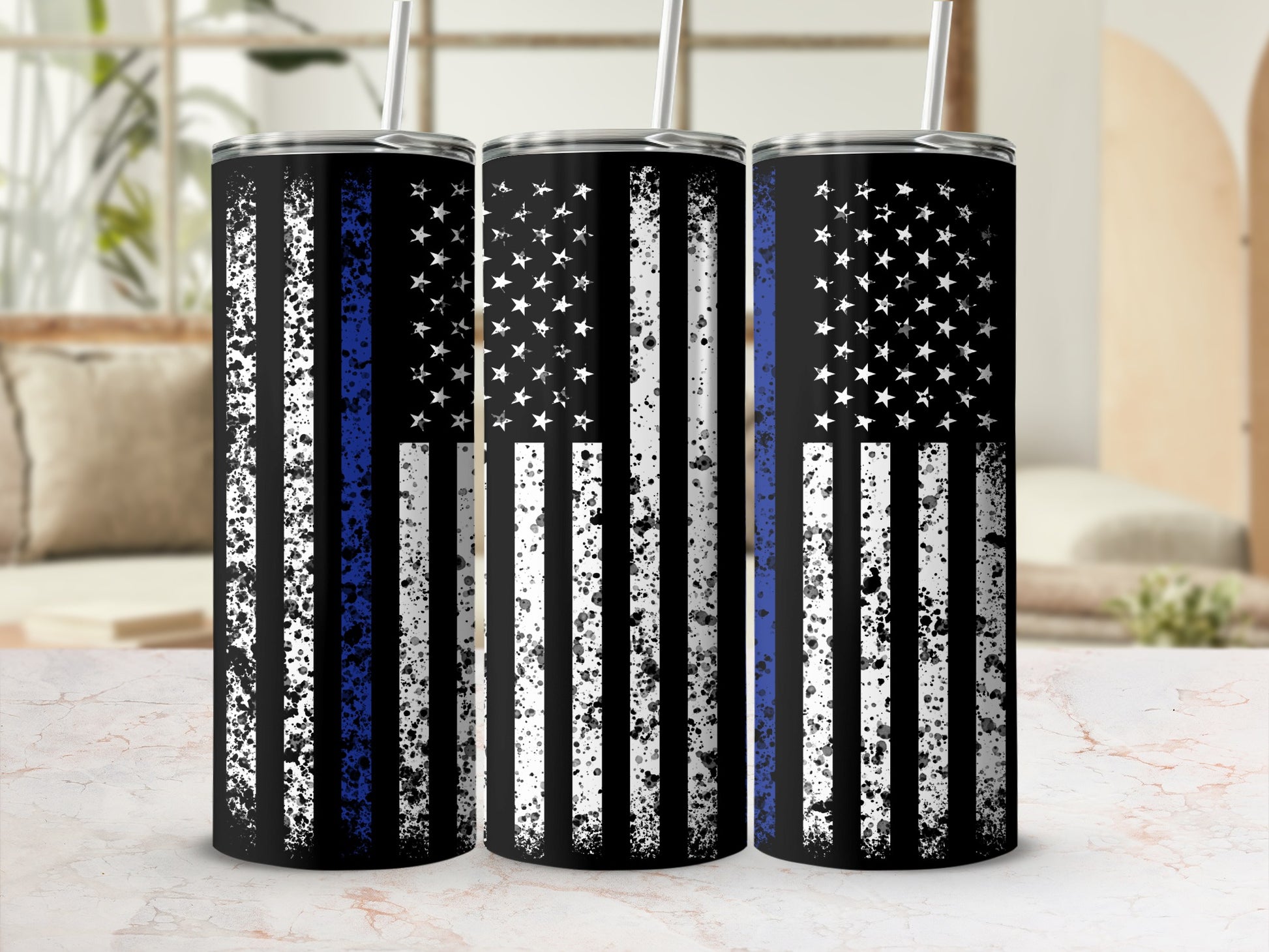 Three distressed American flag tumblers with a blue stripe.