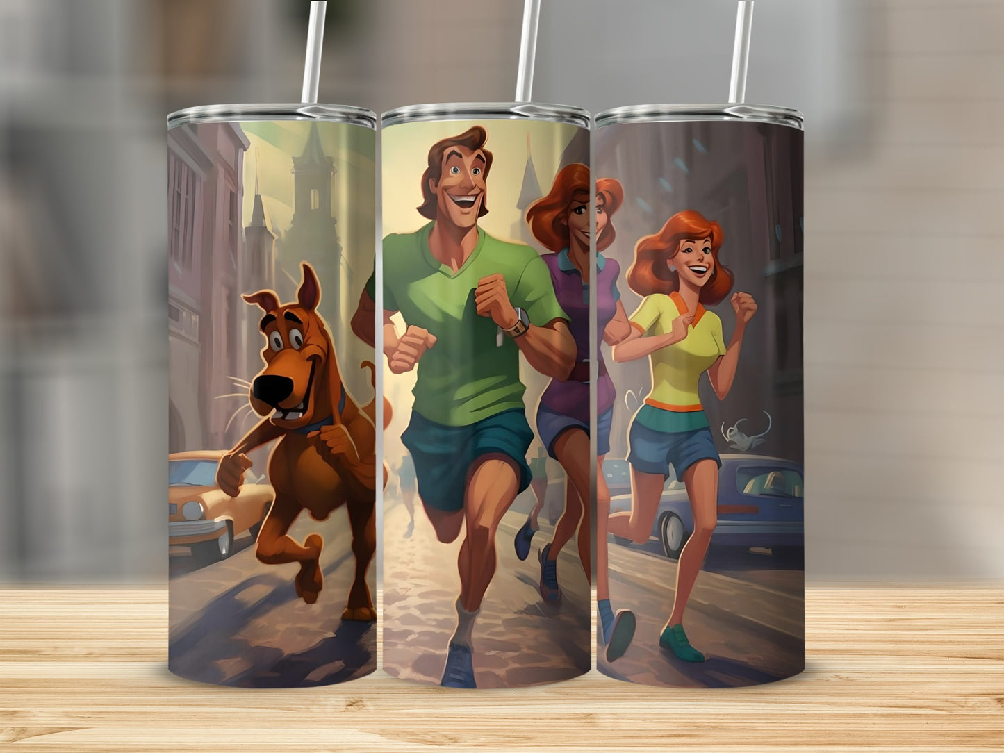 Scooby-Doo and two people running past buildings and cars.