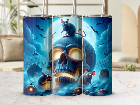 Halloween tumblers with a skull, mice, bats, and pumpkins on a graveyard background.