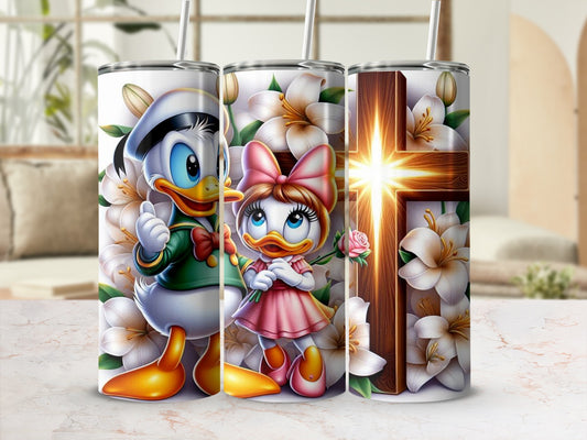 Adorable Cartoon Characters Tumbler with Floral Cross Design