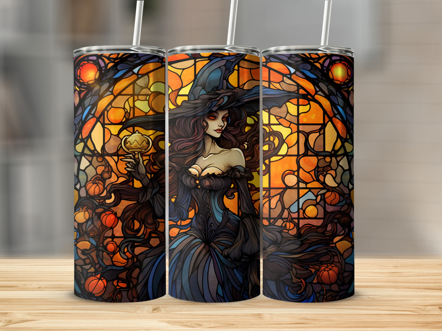 Stained glass witch holding a pumpkin, surrounded by pumpkins.