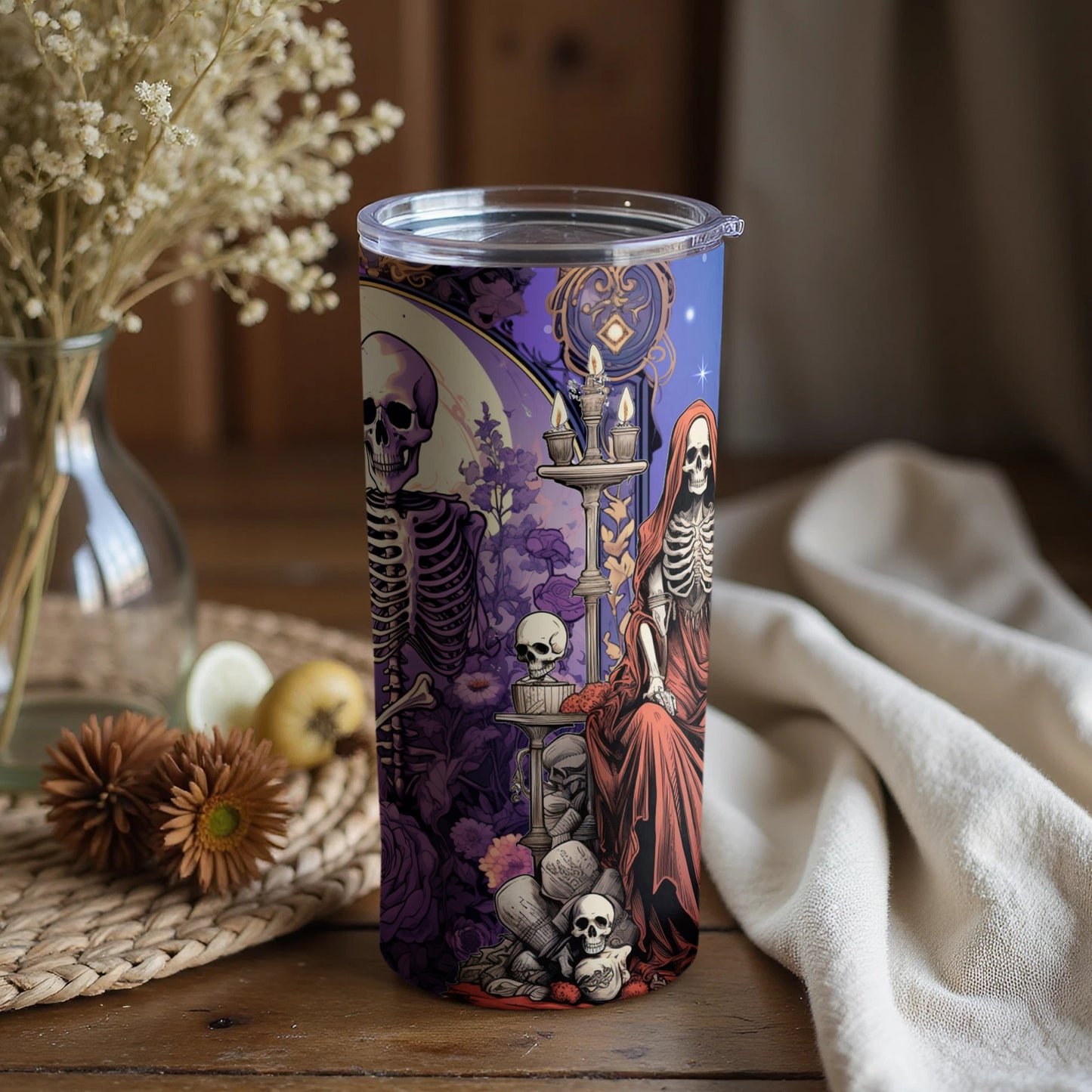 Gothic Skeleton and Skull Art Tumbler with Lid Product