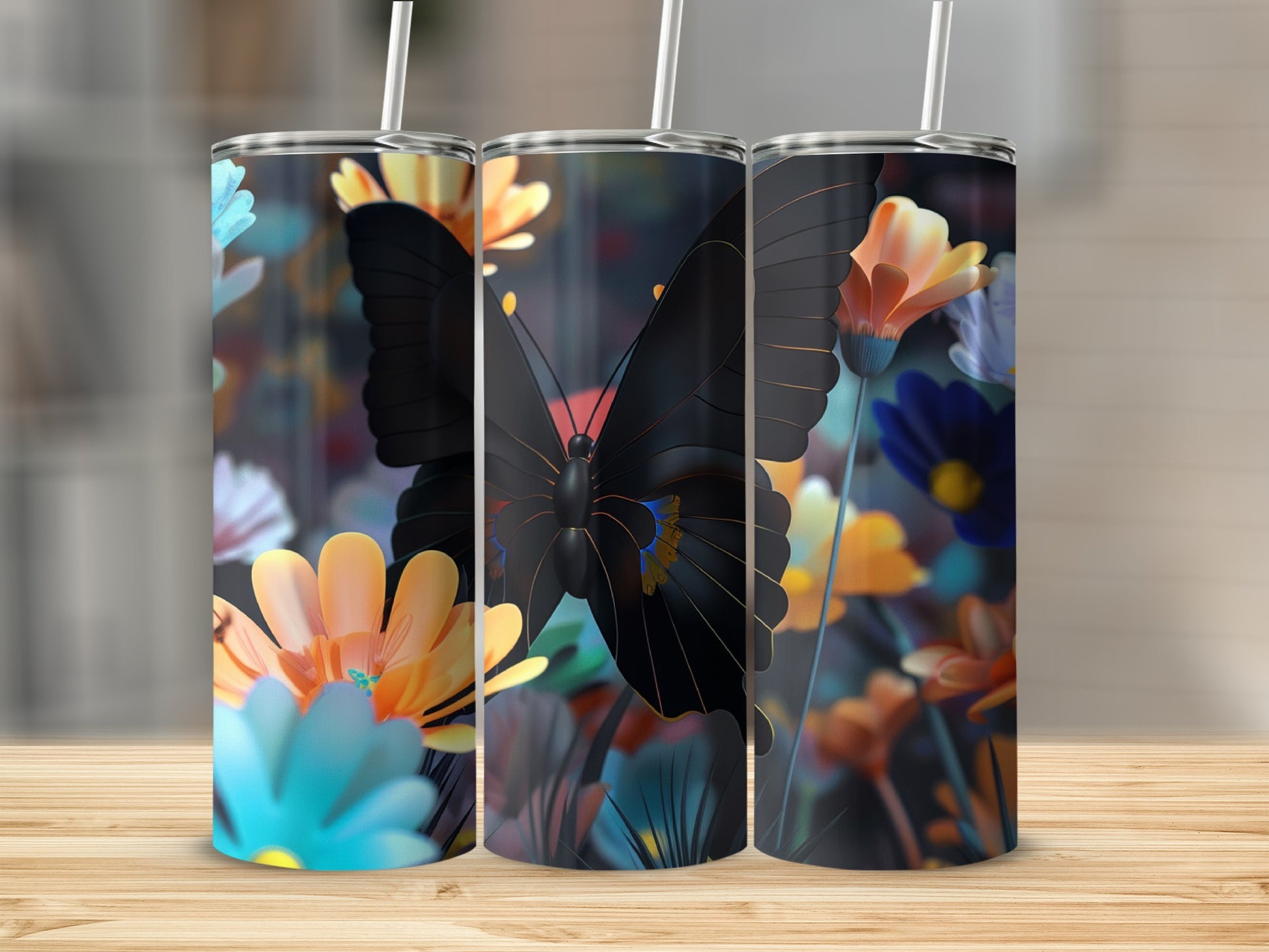 Black butterfly on a floral background, depicted on three tumblers.