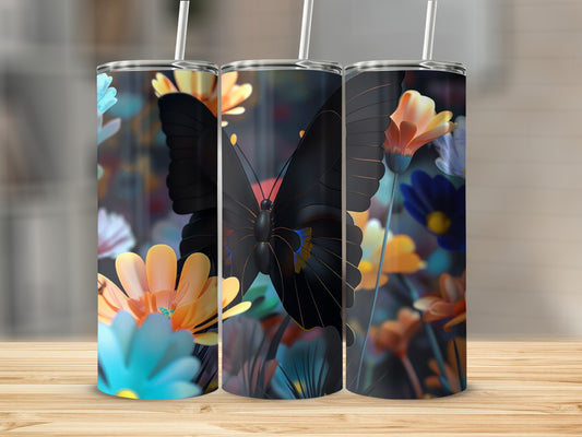 Black butterfly on a floral background, depicted on three tumblers.