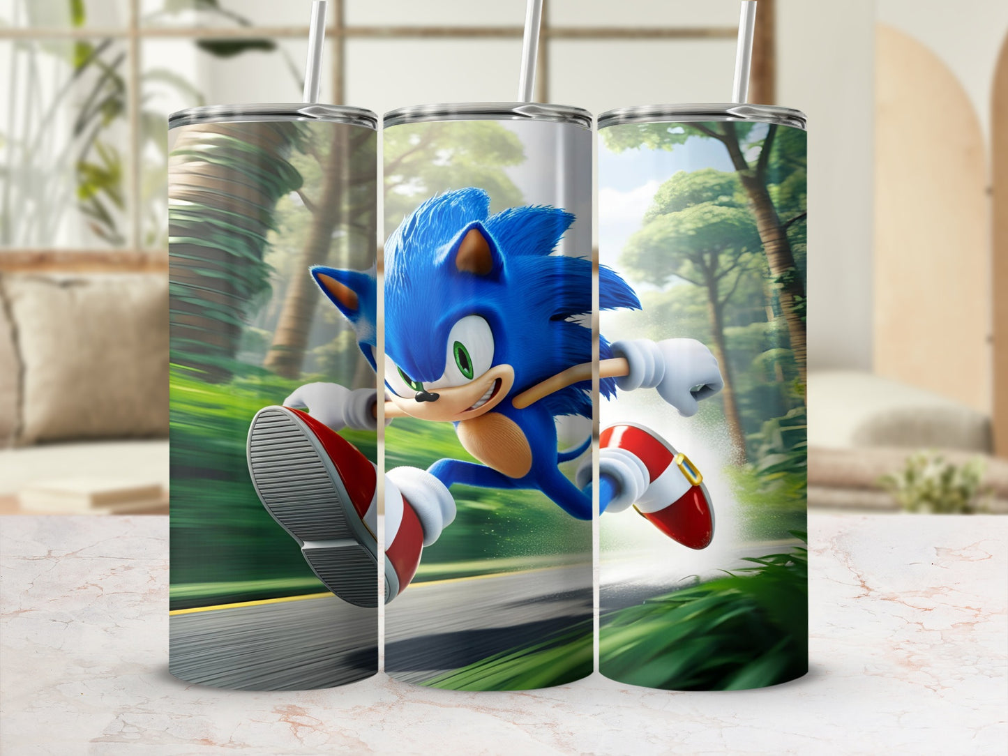 Sonic the Hedgehog running fast through a green forest path.
