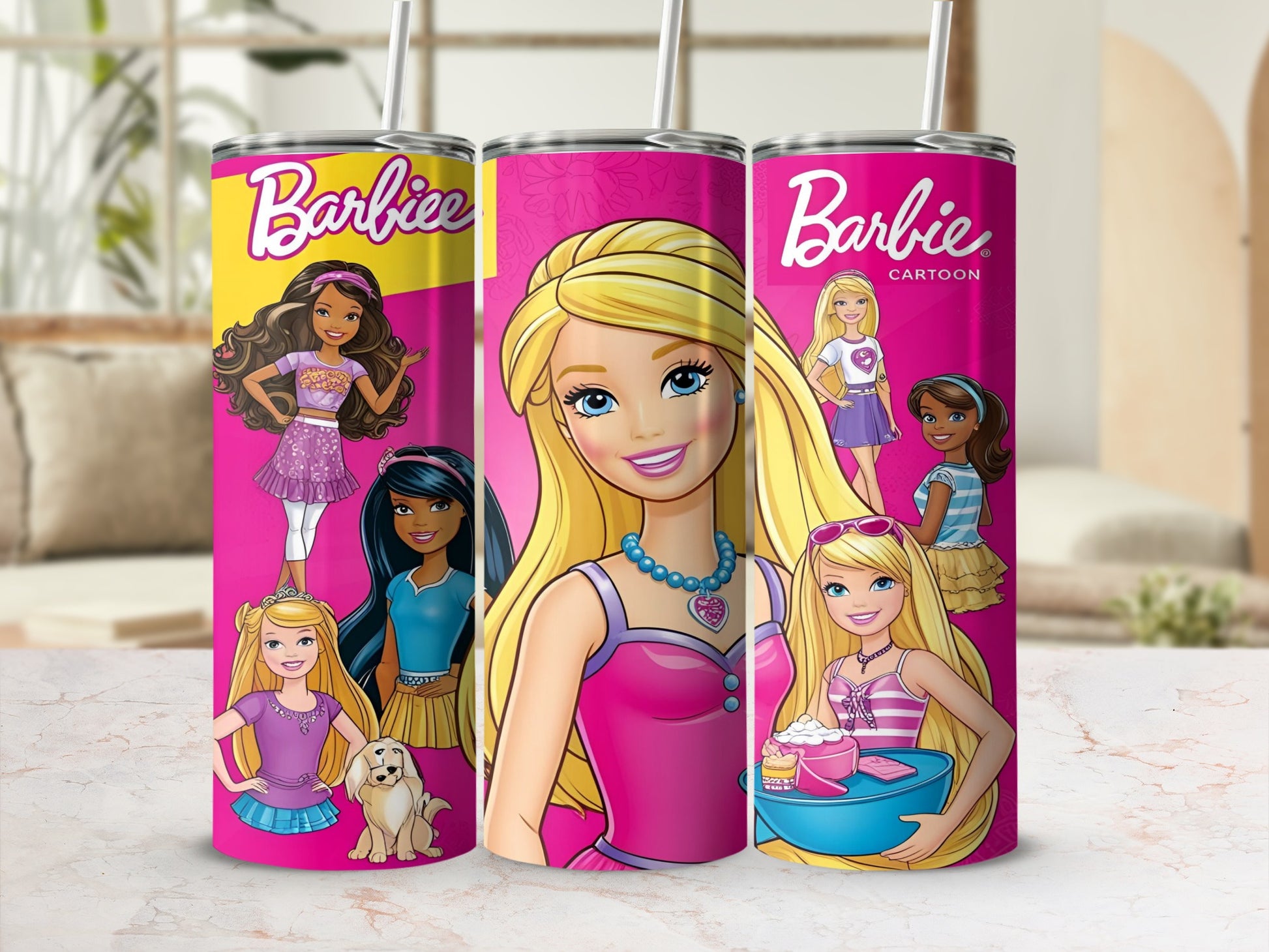 Barbie cartoon tumblers with multiple Barbie characters and a small dog.