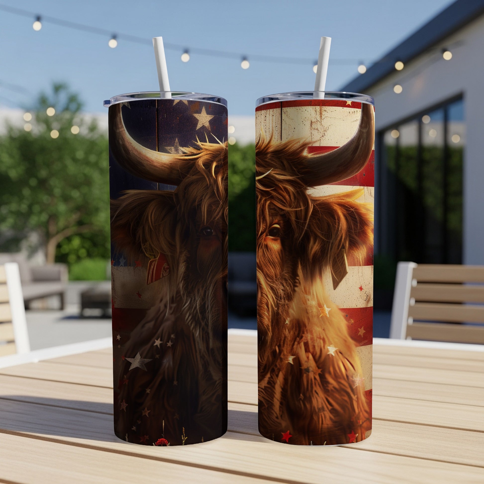 Highland cow with American flag pattern on two tumblers outdoors.