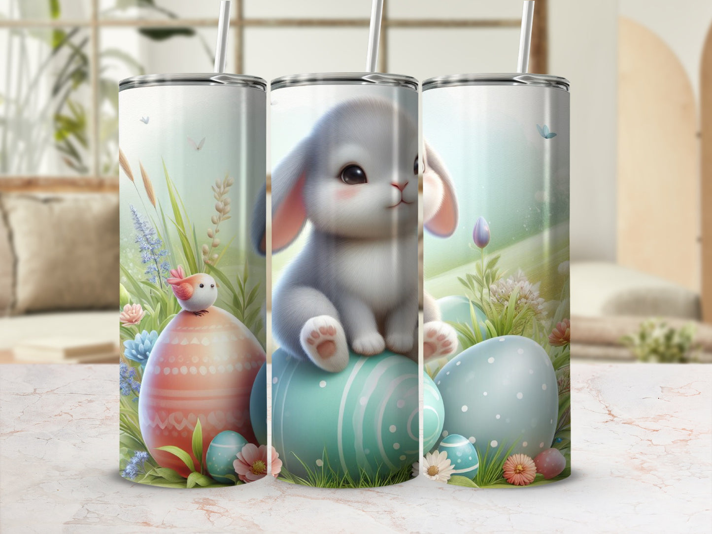 Easter themed tumbler with a bunny, eggs, and floral accents.