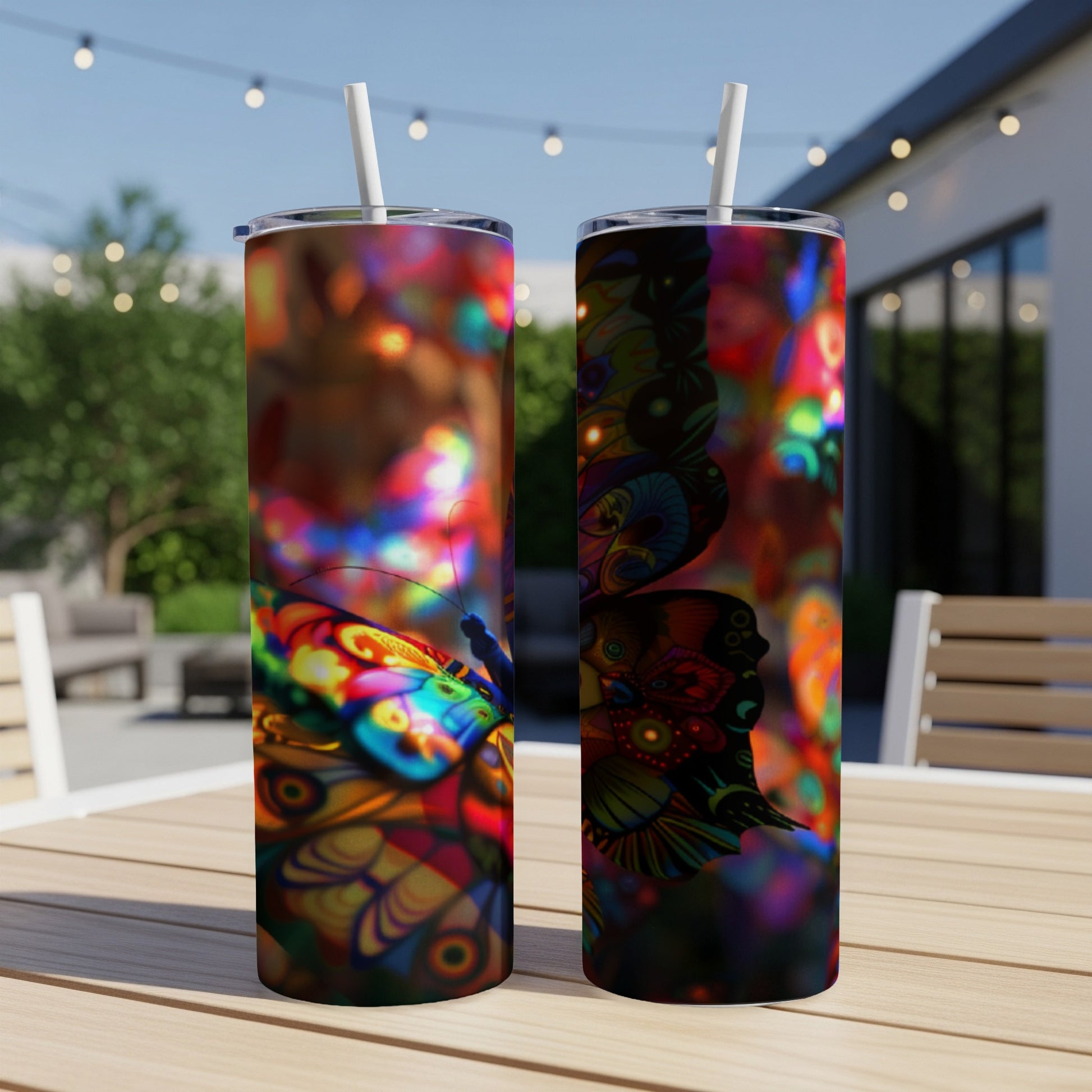 Two tumblers featuring a colorful, stained-glass butterfly design.