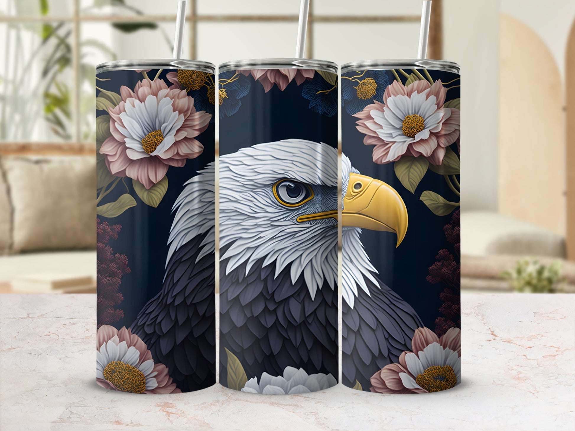 Tumbler featuring a close-up eagle portrait surrounded by floral accents.
