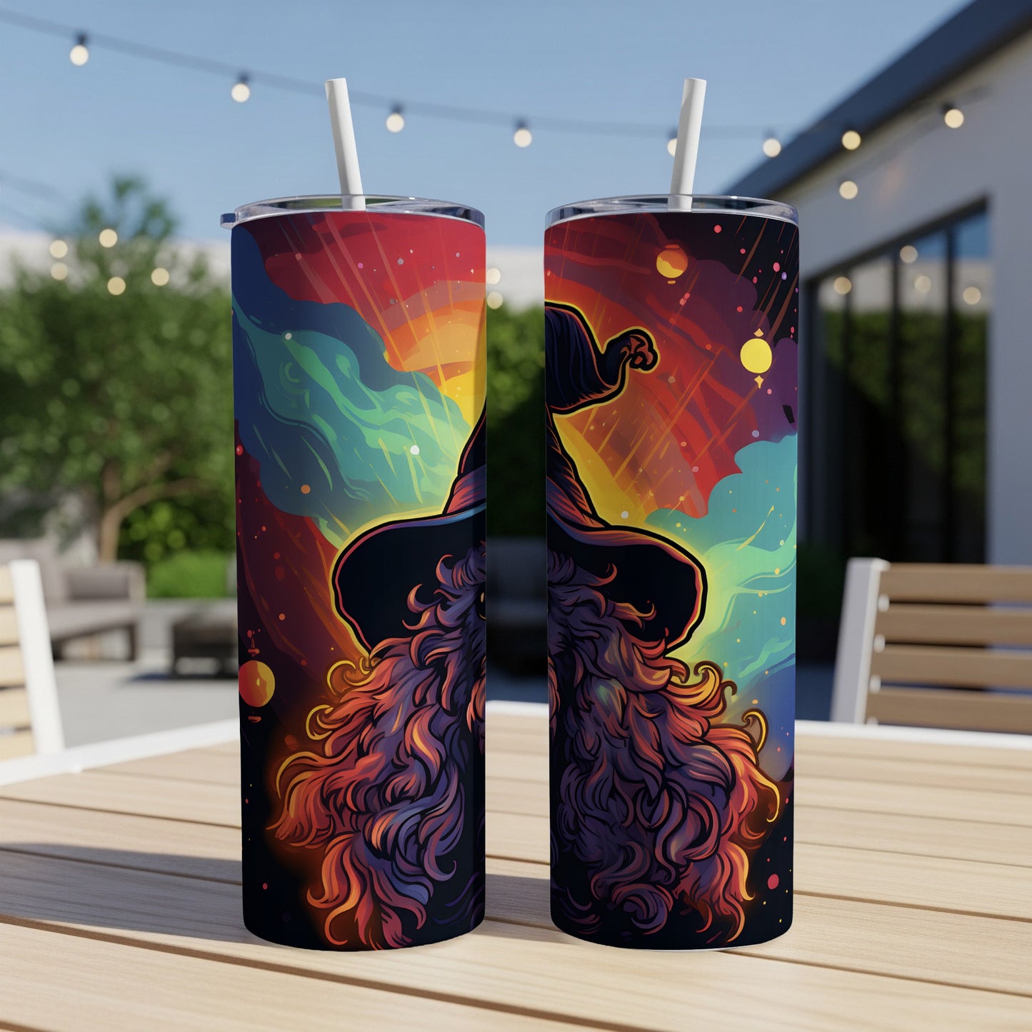 Two tumblers with a wizard design, featuring vibrant cosmic colors and a starry background.