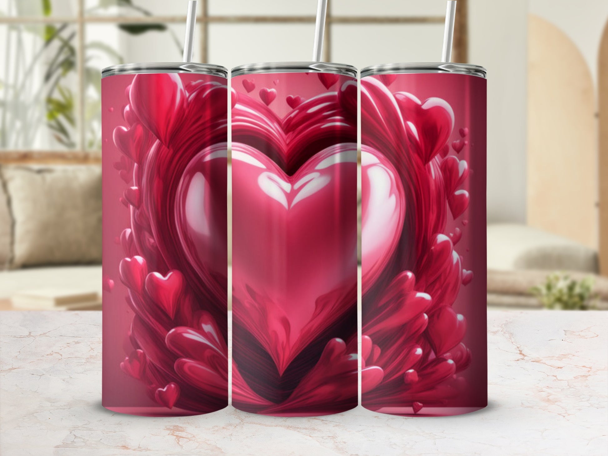 Three tall, skinny tumblers featuring a large, glossy red heart design.