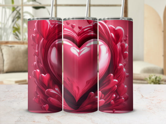 Three tall, skinny tumblers featuring a large, glossy red heart design.