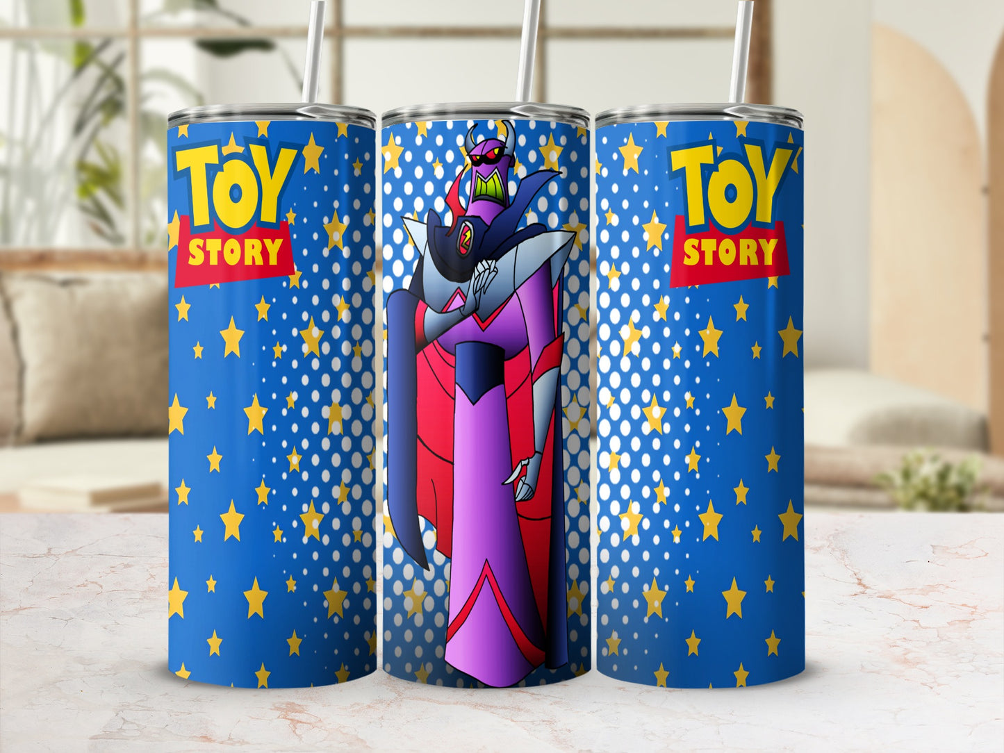 Toy Story Zurg tumbler with blue background and yellow stars.