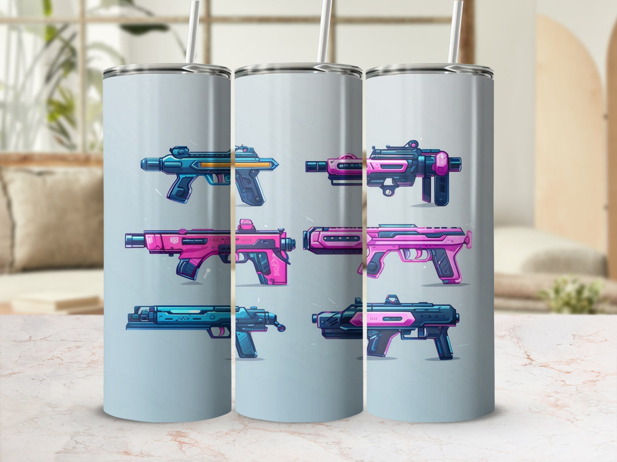 Three tumblers with colorful cartoon gun designs in blue, pink, and teal.