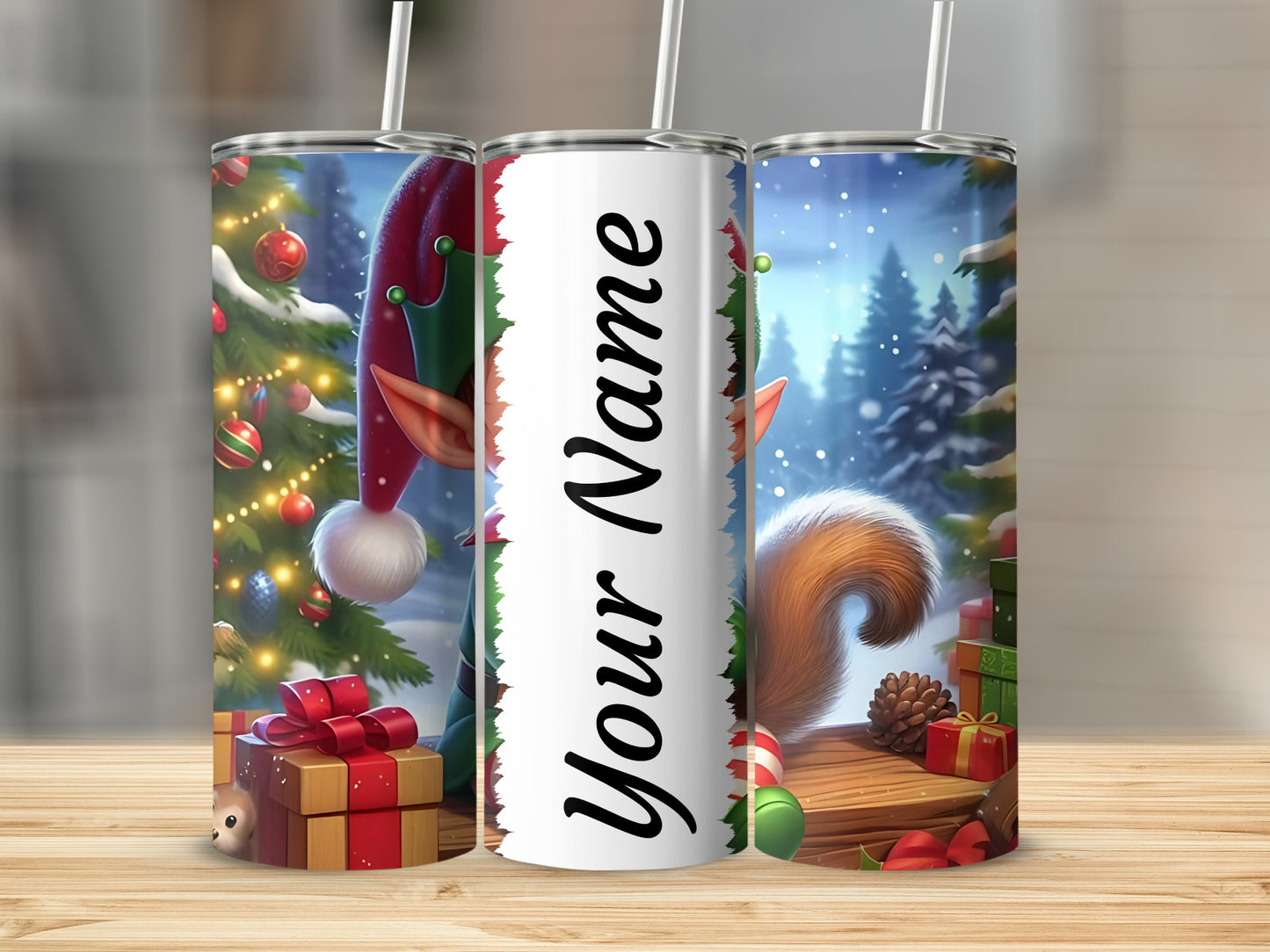 Personalized Christmas Elf and Squirrel Themed Tumbler