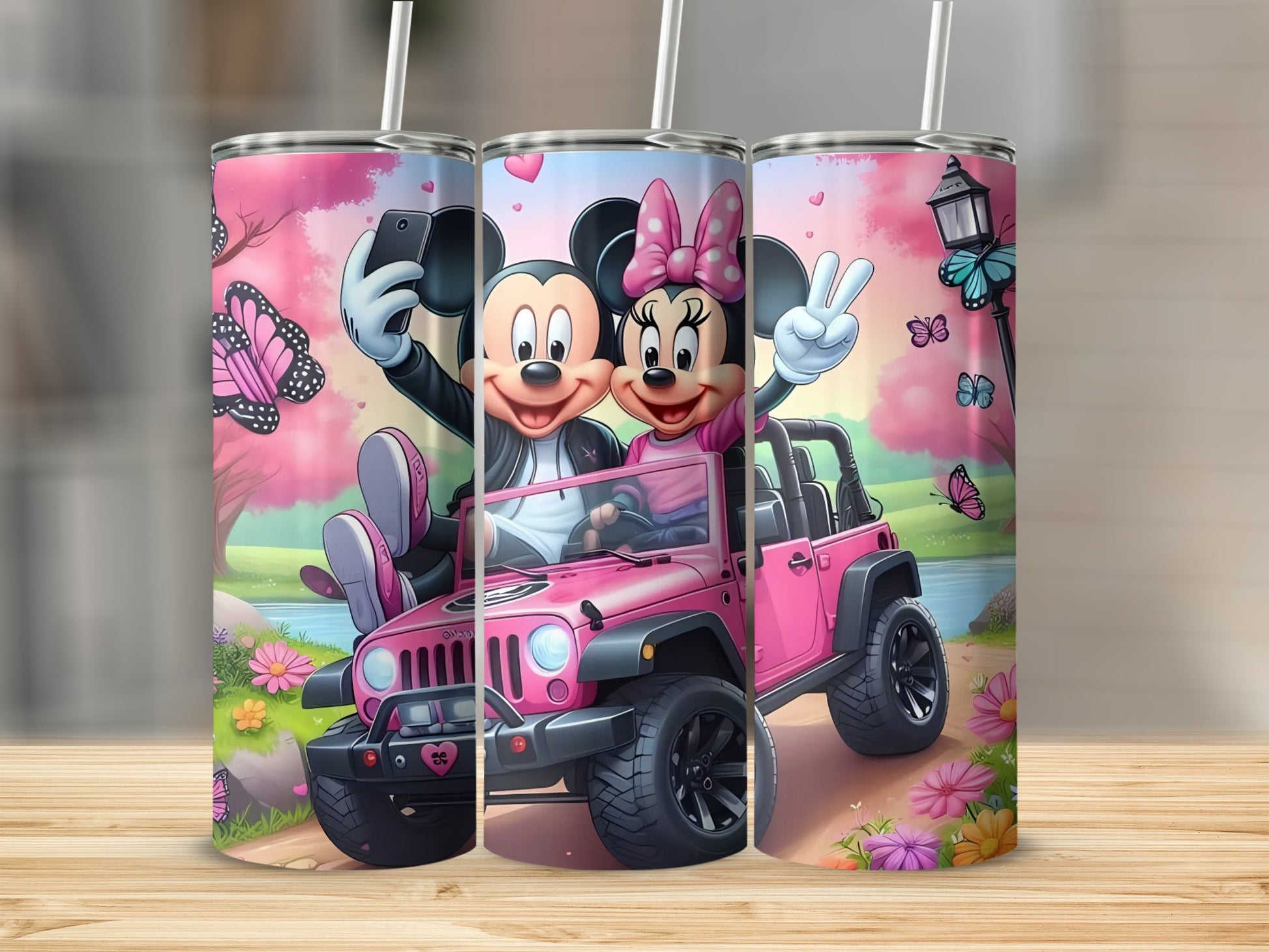 Mickey and Minnie Driving Pink Jeep Tumbler Cup