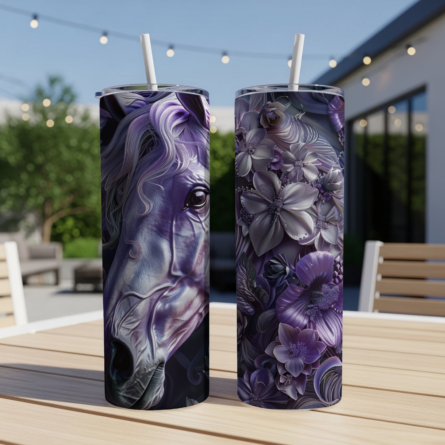 Purple horse and floral design on two tumblers on a table.