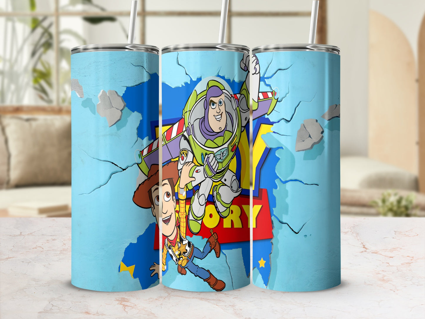 Toy Story characters Woody and Buzz Lightyear on a light blue textured tumbler.