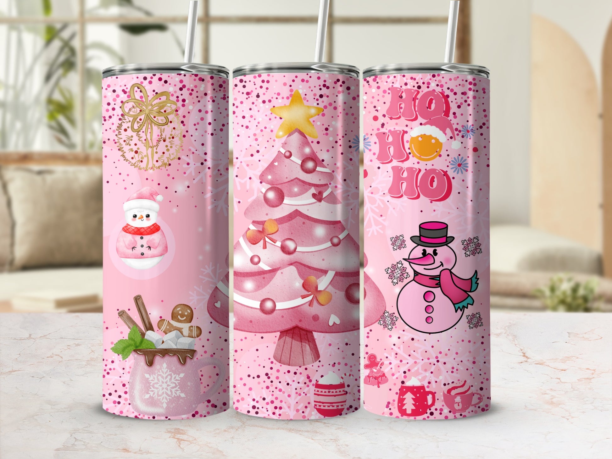Pink Christmas Tree and Snowman Design Tumblers