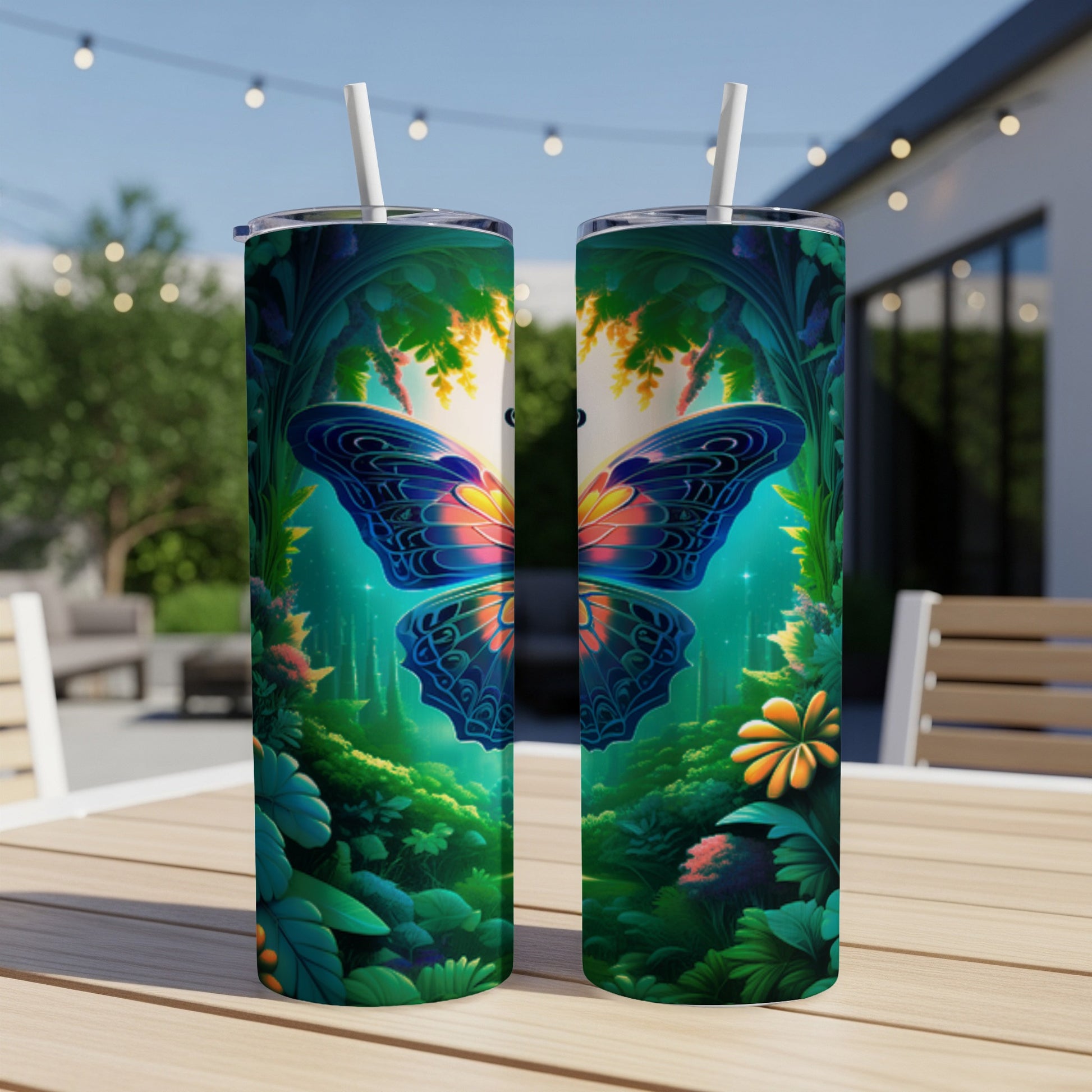 Tall tumbler with vibrant butterfly and jungle foliage design.